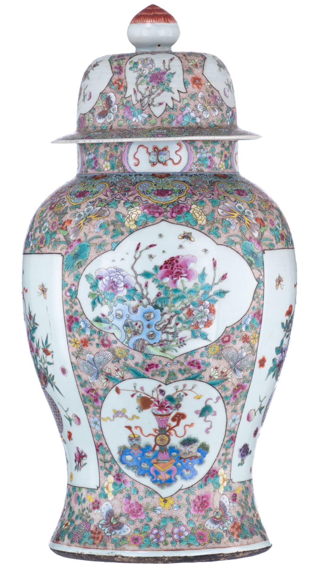 An impressive Chinese famille rose vase with cover, all over decorated with flowers and butterflies, - Image 4 of 8
