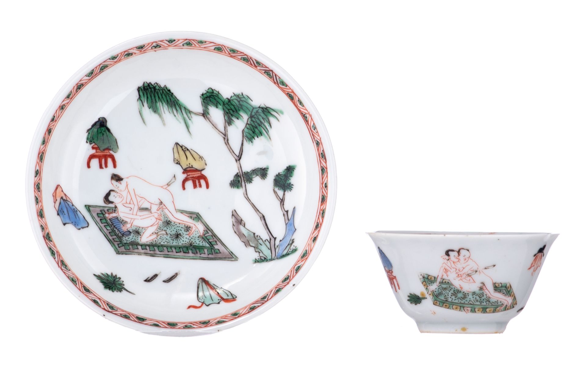 A Chinese famille verte cup and saucer, decorated with an erotic scene, Kangxi symbol mark and of th - Bild 2 aus 7
