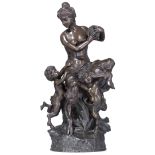Clodion C.M., a female faun with two putti, patinated bronze, H 76,5 cm