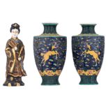 A pair of Japanese polychrome hexagonal vases, floral and relief decorated with mythical beasts; add