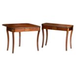 A pair of mahogany Regency period fold over tea tables, decorated with marquetry of rosettes, H 73 -