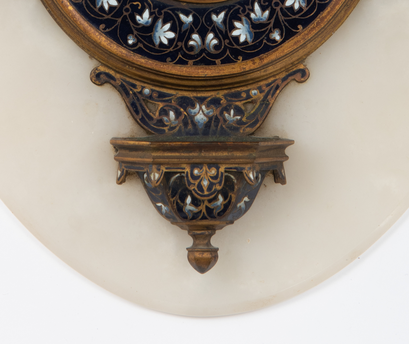 A French champlevé Holy Water font on an onyx marble, with a central hand-painted porcelain plaque, - Image 5 of 5