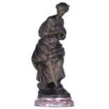 Obiols G., a young beauty holding a bird, patinated bronze on a Brèche violet marble base, H 66,5 -