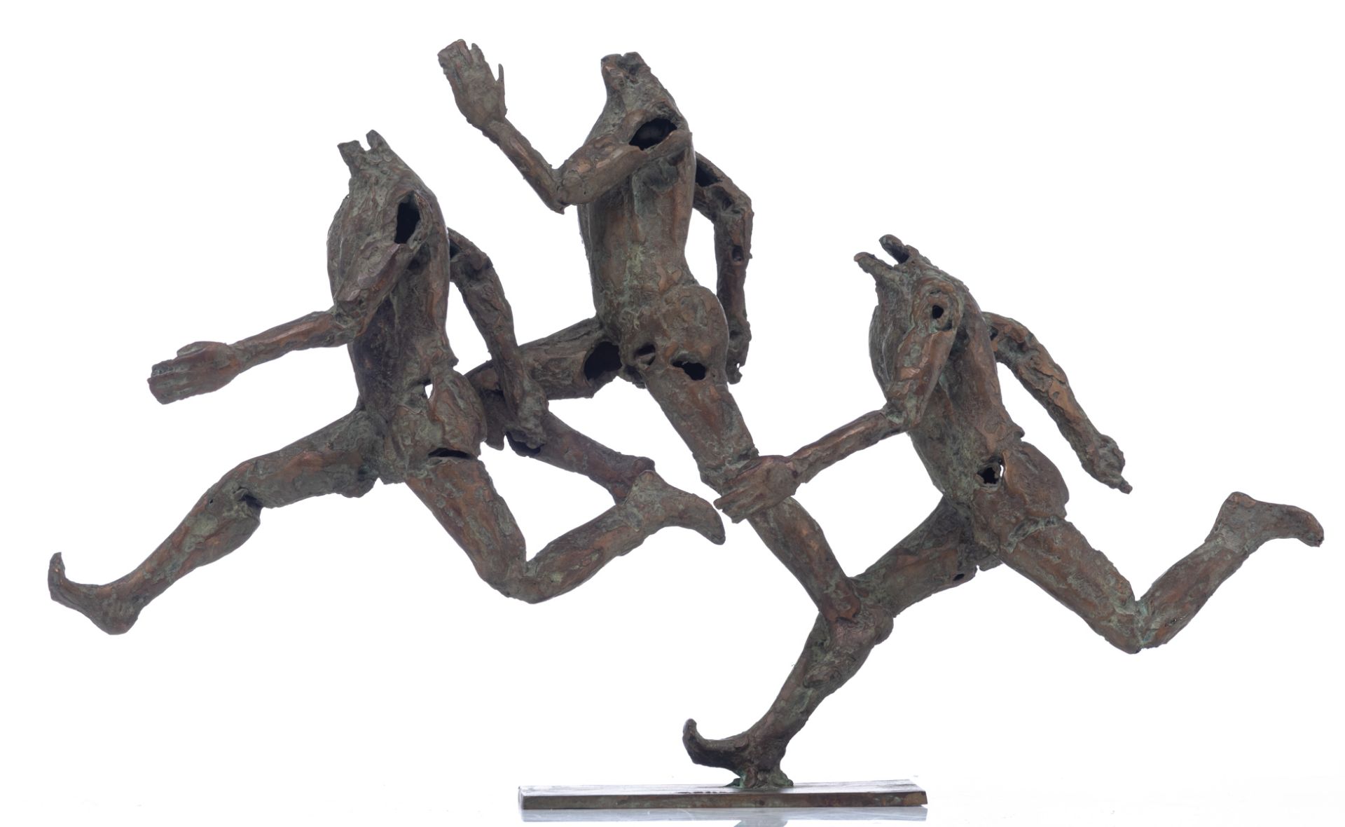 Desmaret J., three runners, N° 4/8, green and brown patinated bronze, H 45 - W 75,5 cm Is possibly s - Image 2 of 8