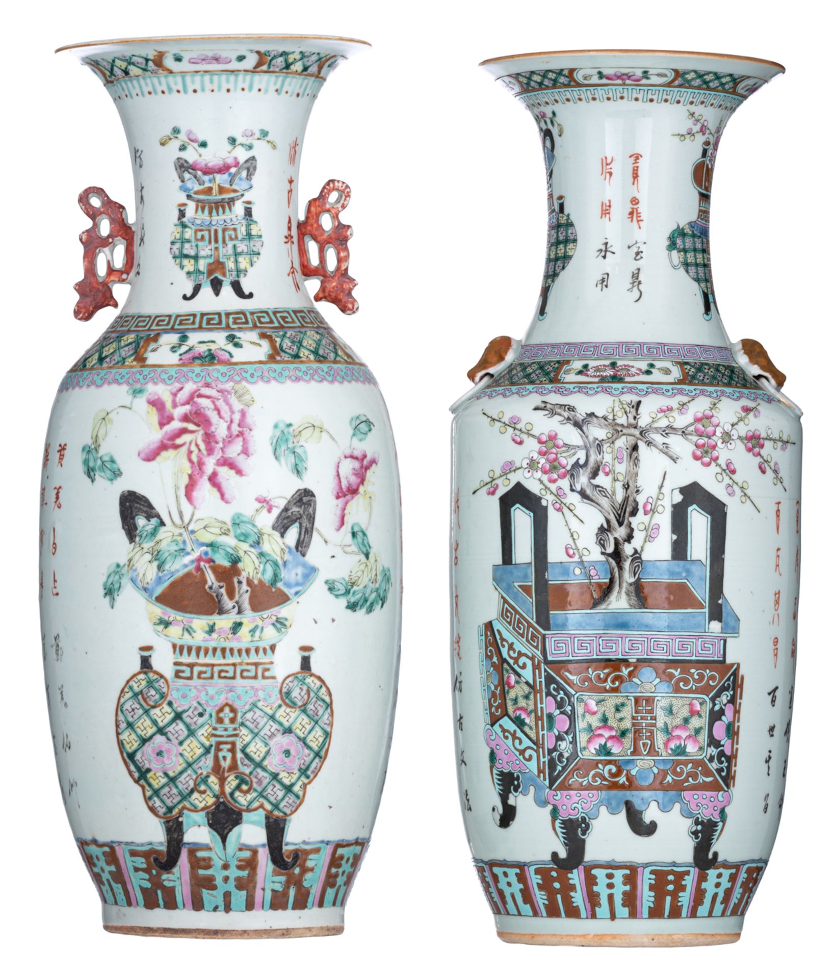 Two Chinese famille rose vases, decorated with flowers, flower baskets and calligraphic texts, H 57,