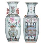 Two Chinese famille rose vases, decorated with flowers, flower baskets and calligraphic texts, H 57,