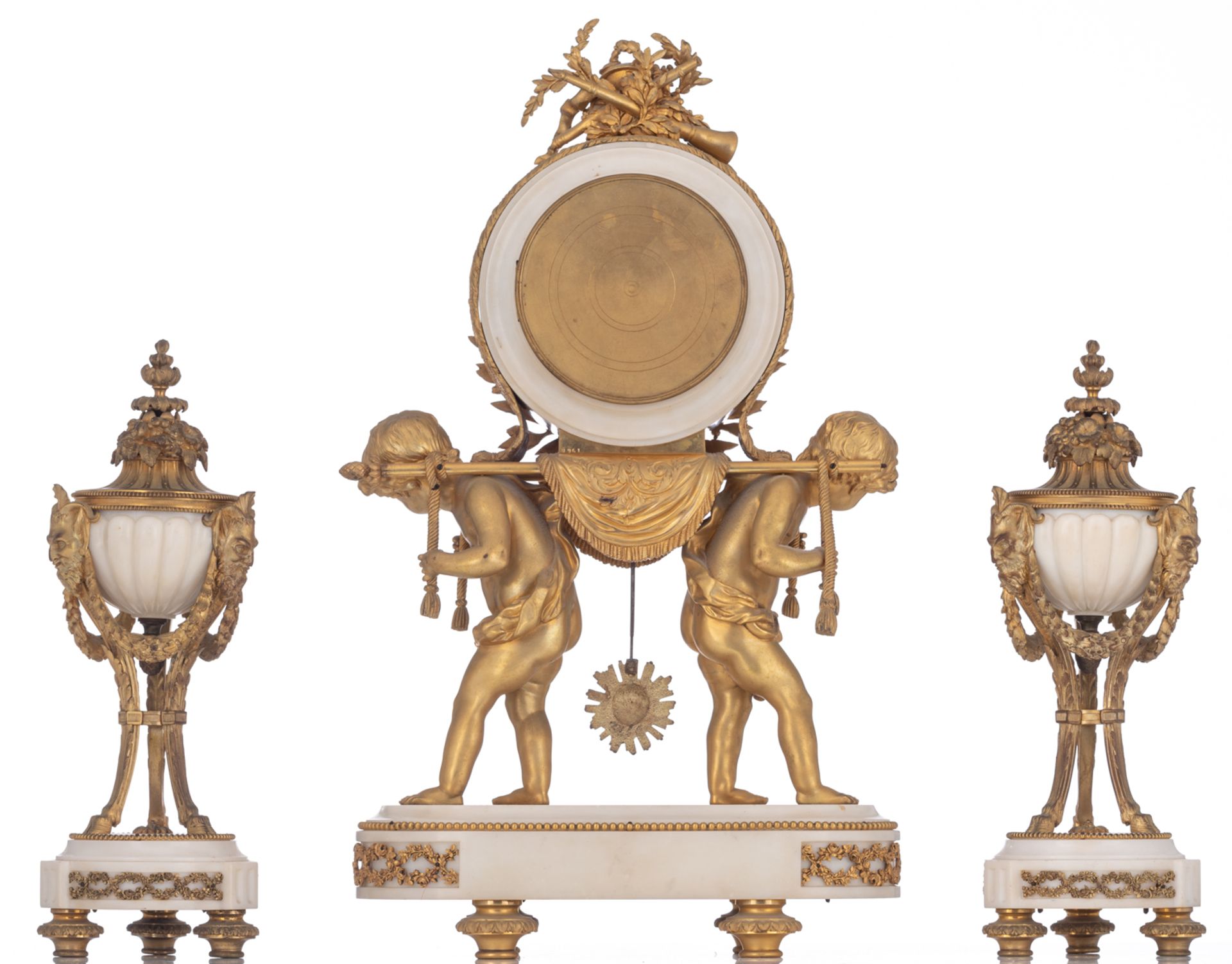 A Neoclassical Carrara marble and gilt bronze three-piece mantle clock garniture, decorated with two - Image 3 of 9