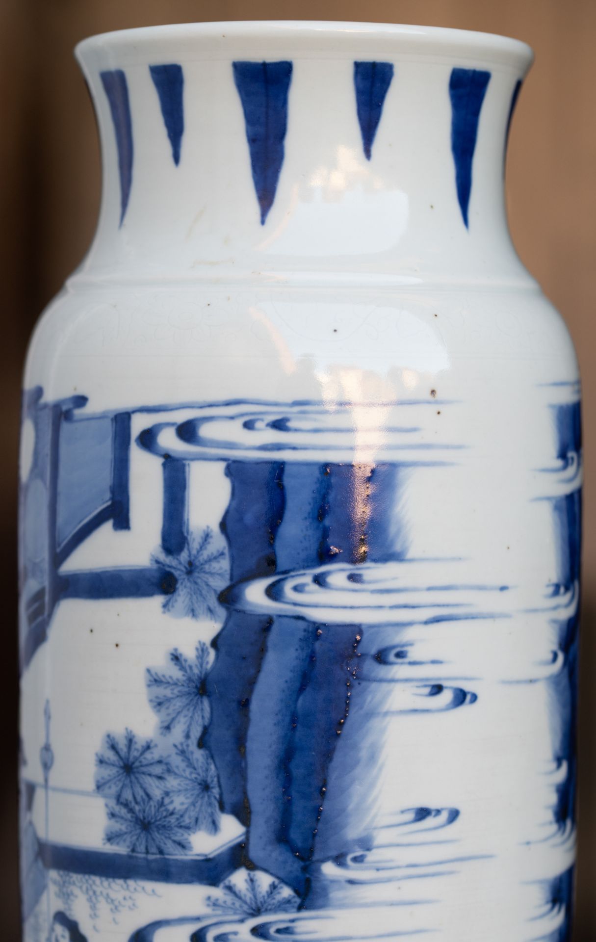 A Chinese Transitional period blue and white cylindrical vase with incised details, decorated with a - Image 16 of 22