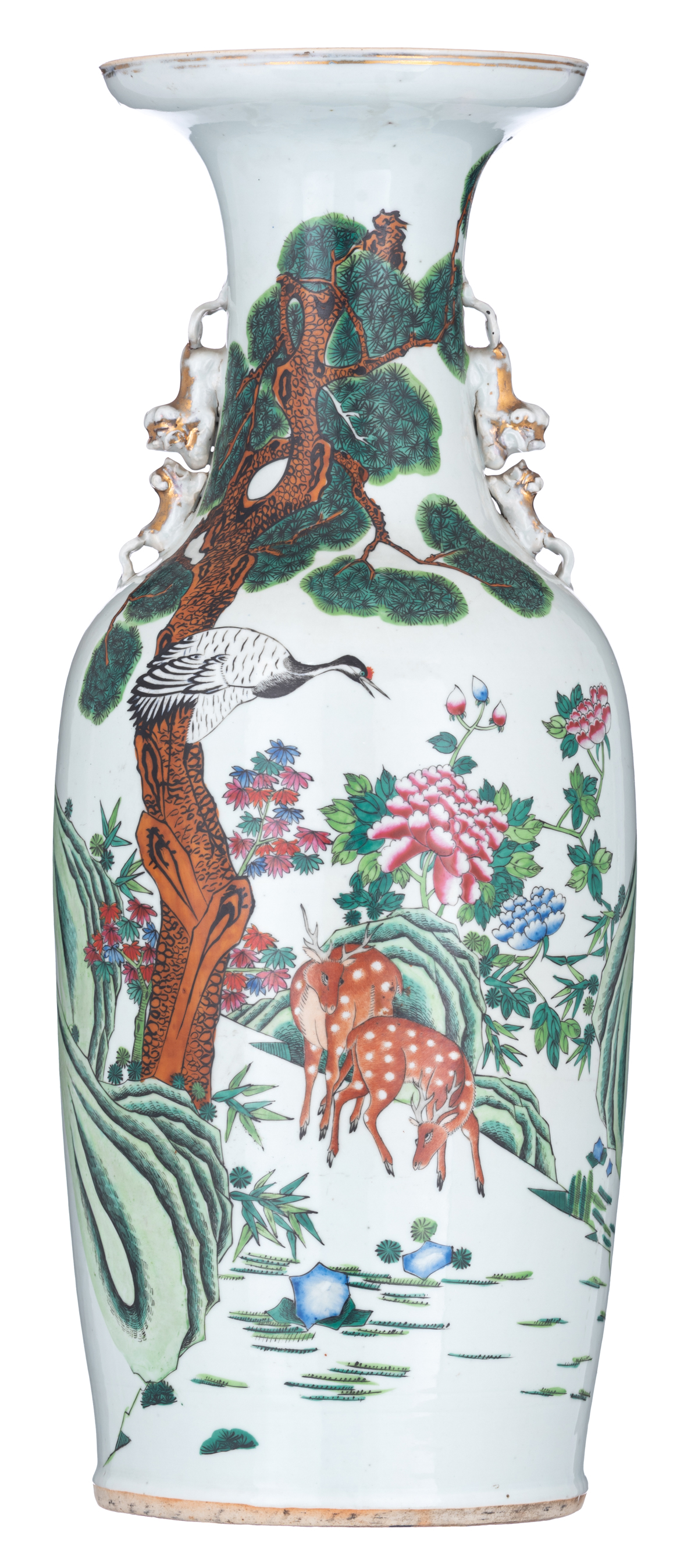 A Chinese polychrome vase, decorated with deer and a crane among rocks and flowers, the reverse with