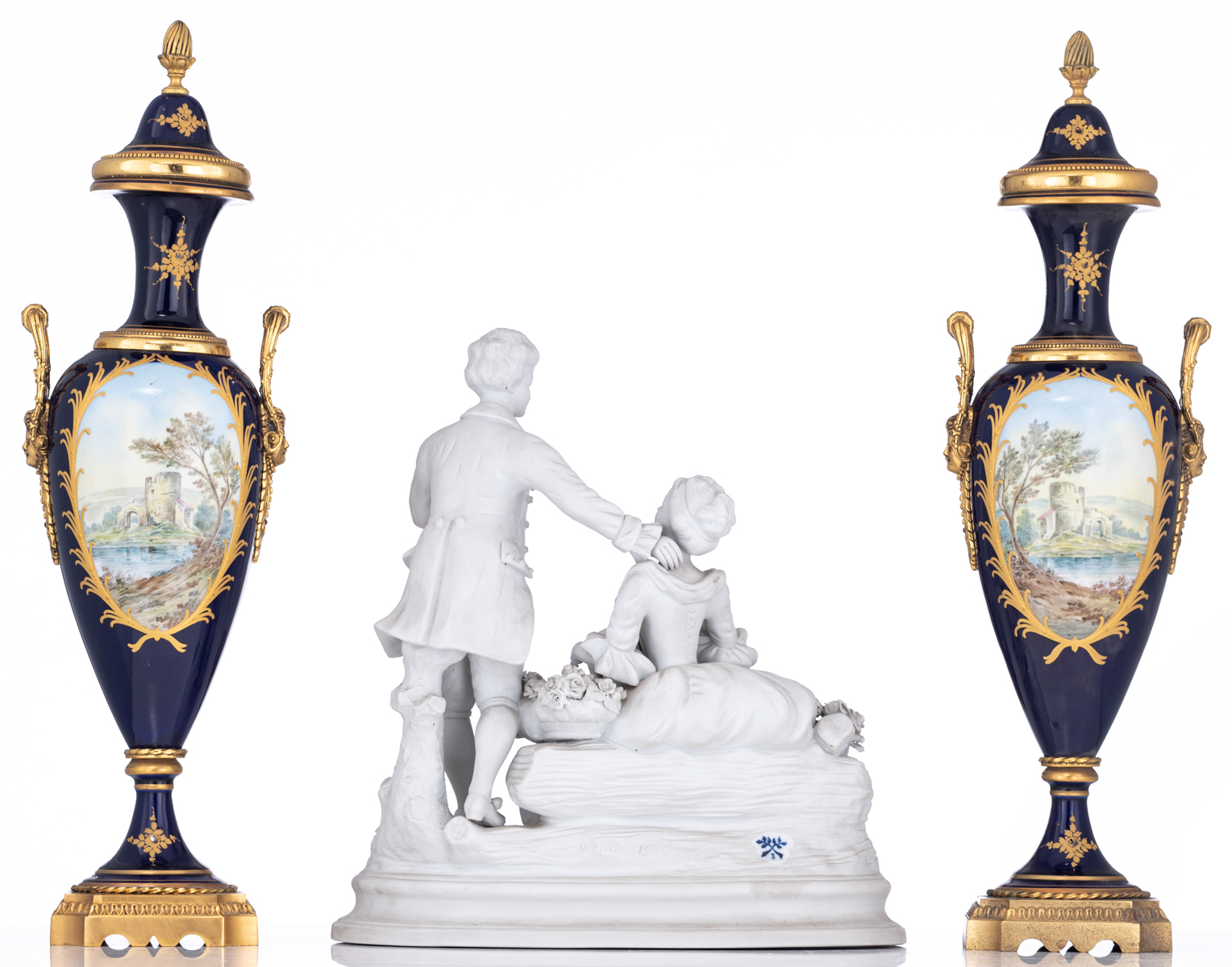 A pair of covered bleu royale ground Sèvres type vases, the roundels with hand-painted gallant scene - Image 3 of 10