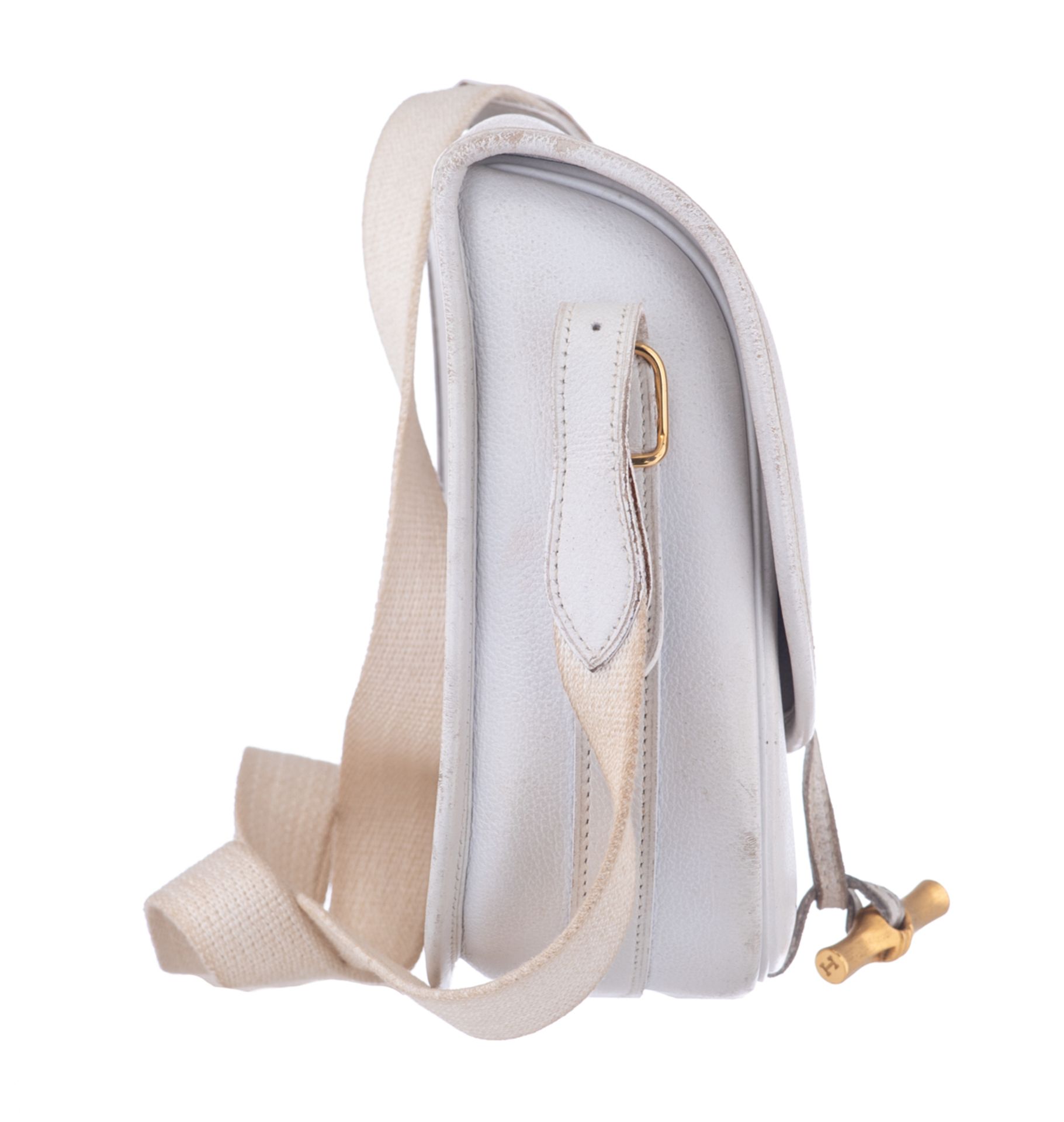 A vintage Hermès white leather 'duffle bamboo' handbag, H 19 - W 22 cm - Image 10 of 18