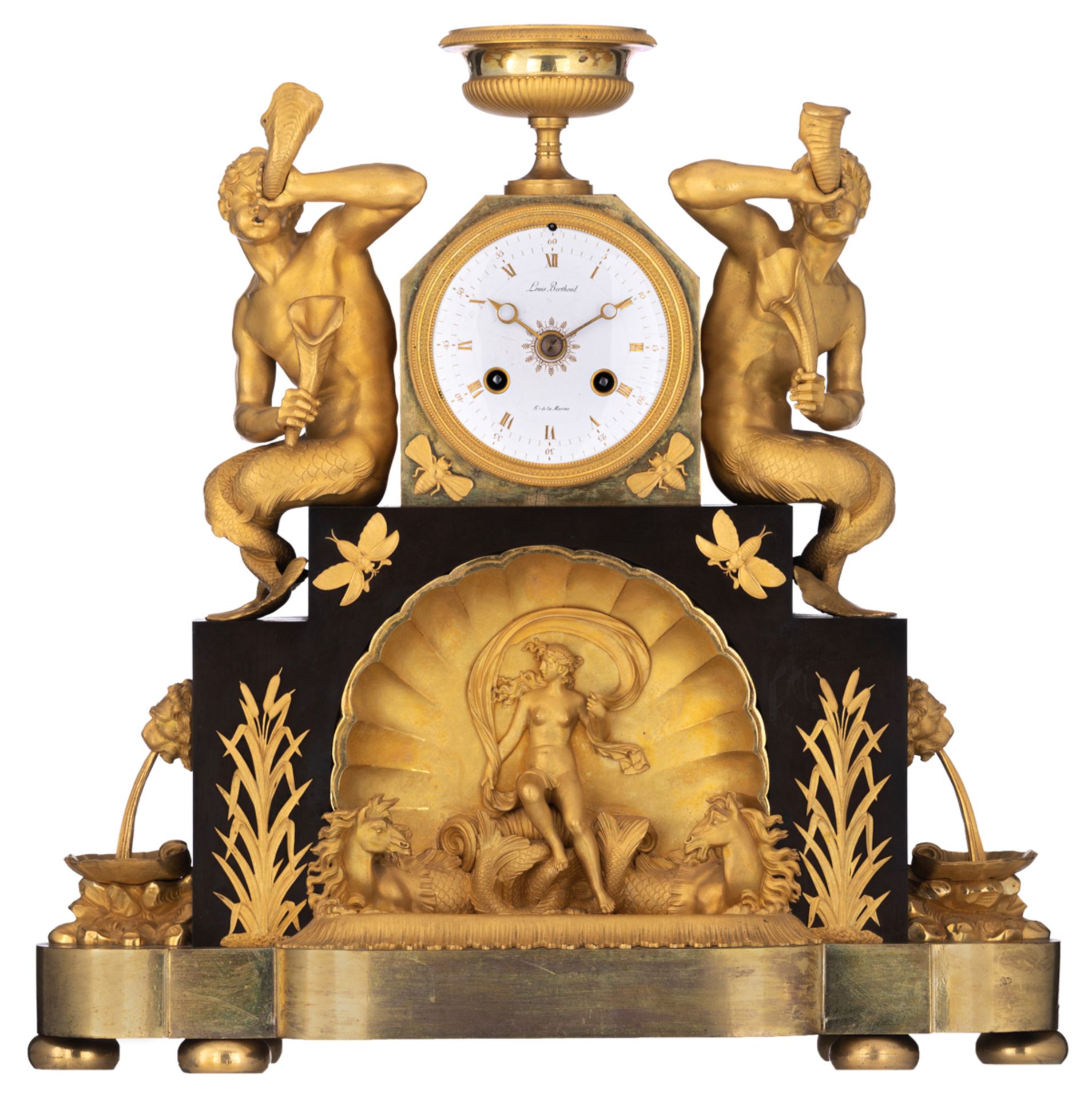 A rare and imposing Neoclassical ormolu and patinated bronze mantle clock, the white enamel dial sig