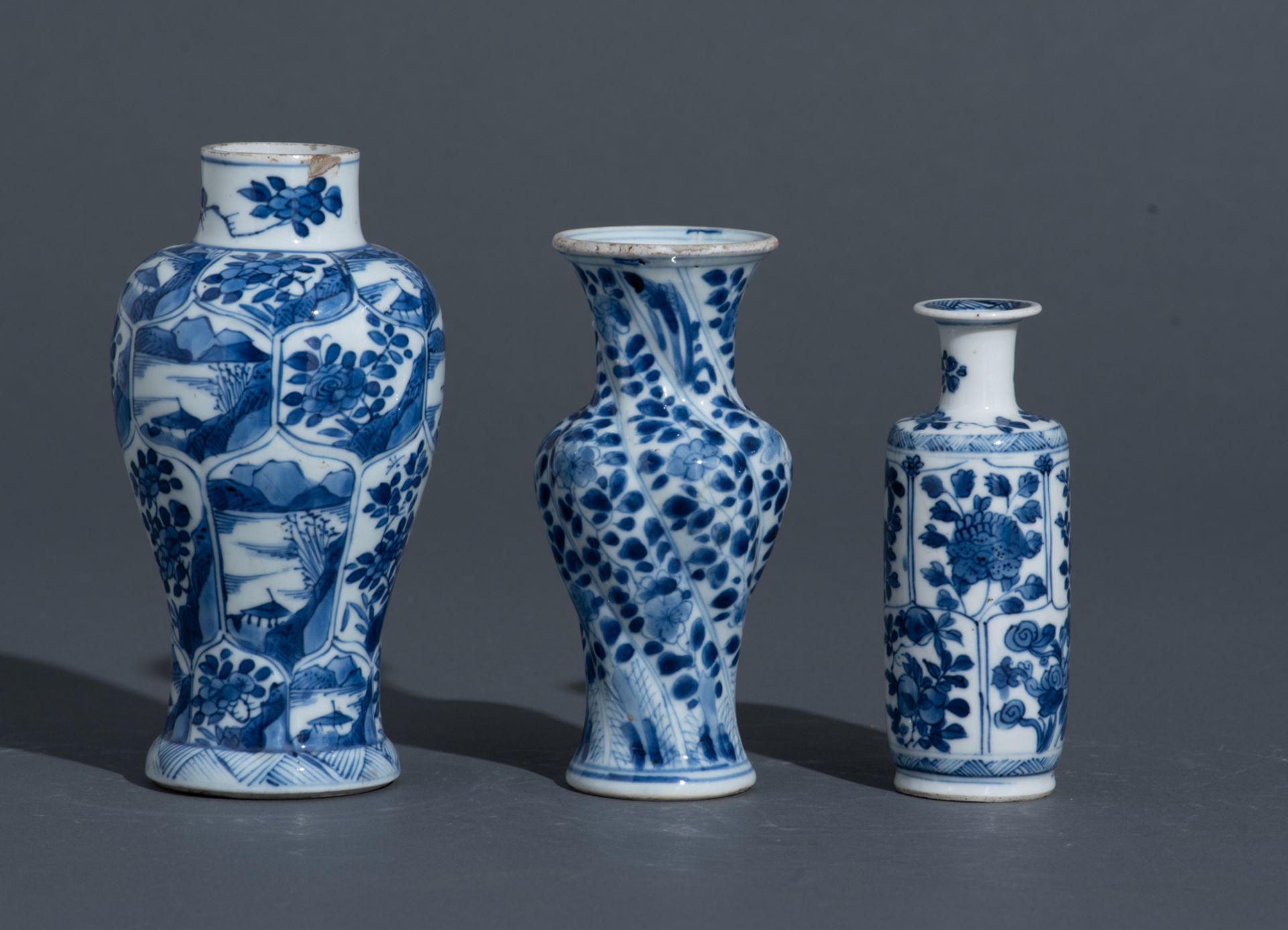 Four Chinese blue and white Kangxi period 'Long Elisa' miniature vases and three ditto floral decora - Image 13 of 17