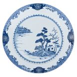 A Chinese blue and white export porcelain plate, decorated with a pavilion in a river landscape, 18t