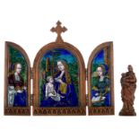 A 19th Limoges enamel triptych, the central panel depicting the nursing Madonna, the left and right