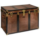 A large leather and brass travelling trunk, marked 'Graeser & C°, Lausanne', H 66 - W 100 - D 56,5 c