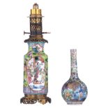 A small Chinese famille rose and gilt bottle vase, decorated with flowers and butterflies; added a d