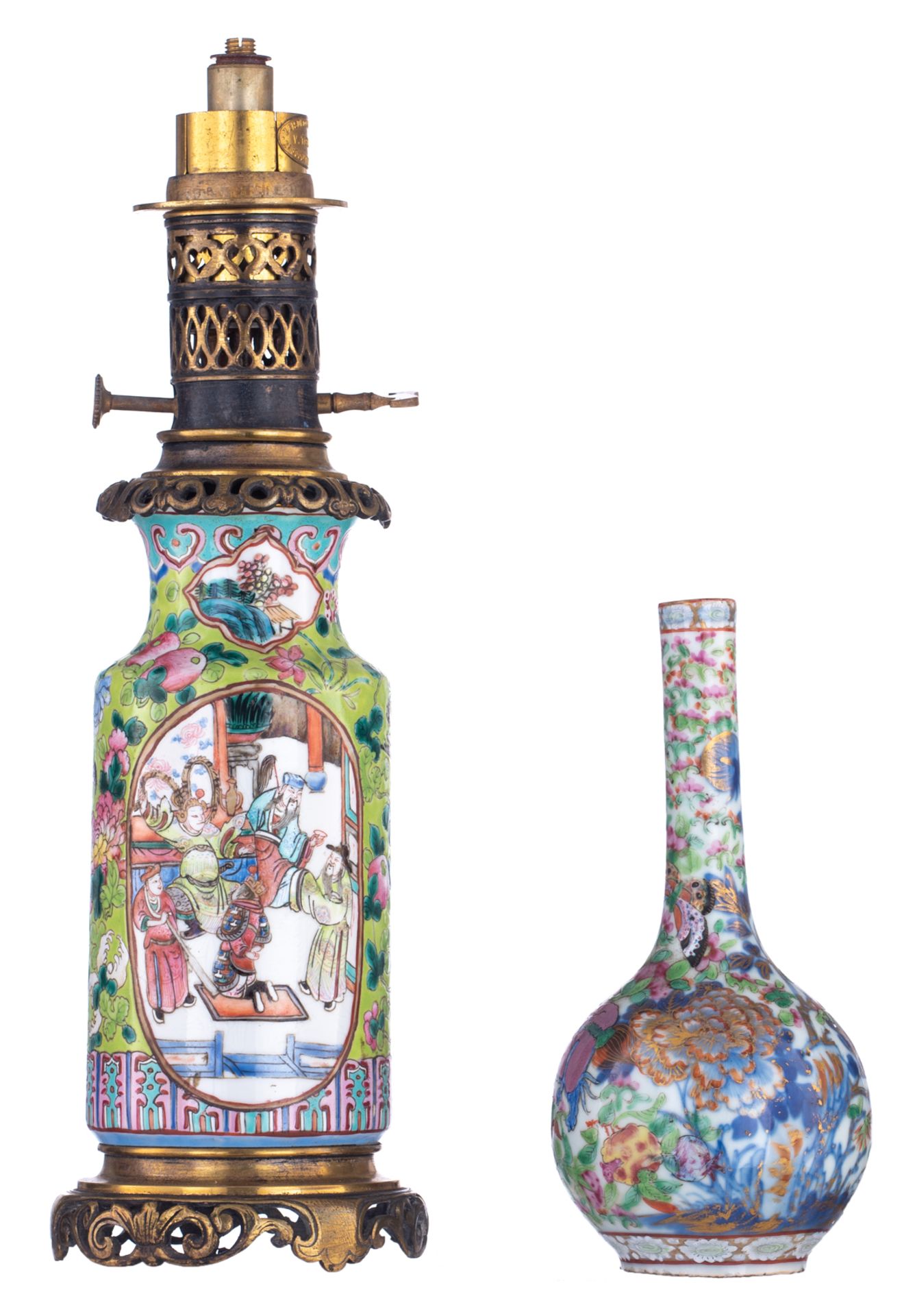 A small Chinese famille rose and gilt bottle vase, decorated with flowers and butterflies; added a d