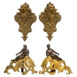 A pair of gilt and patinated bronze Baroque style andirons, with on top Amphitrite and Poseidon, H 3