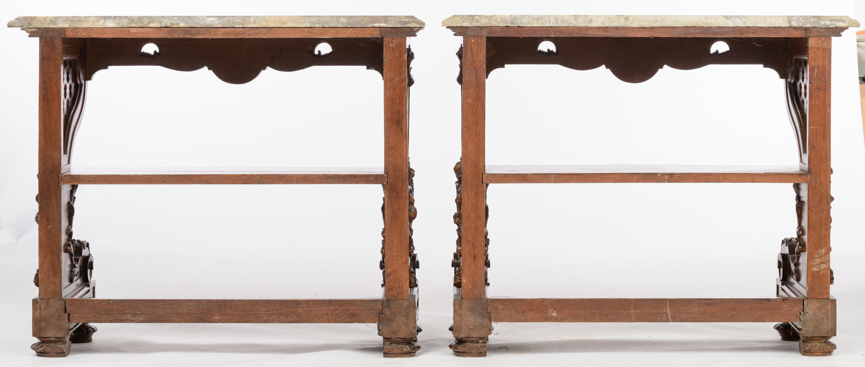 A pair of richly carved oak Baroque style wall consoles, with a Brèche violet marble top, H 89 - W 1 - Image 4 of 5