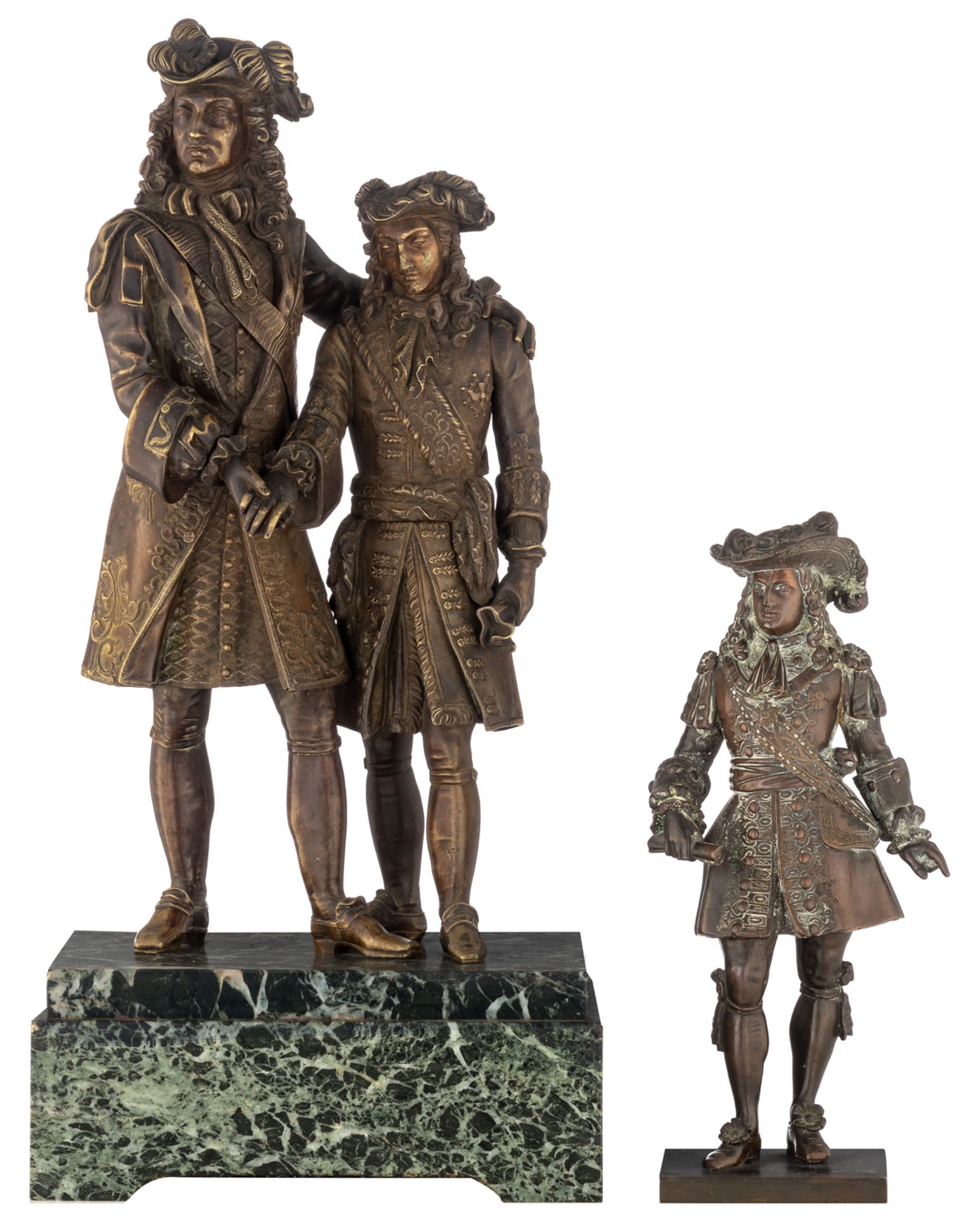 A historicizing patinated bronze sculpture depicting a 17thC fashion dressed nobleman introducing hi