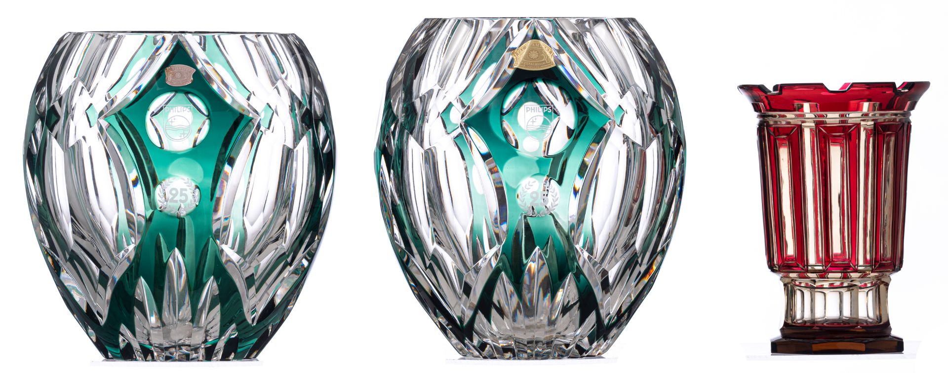 Two crystal cut green overlay Val-Saint-Lambert vases, one dedicated 'In Honour of the 25th annivers - Image 2 of 15