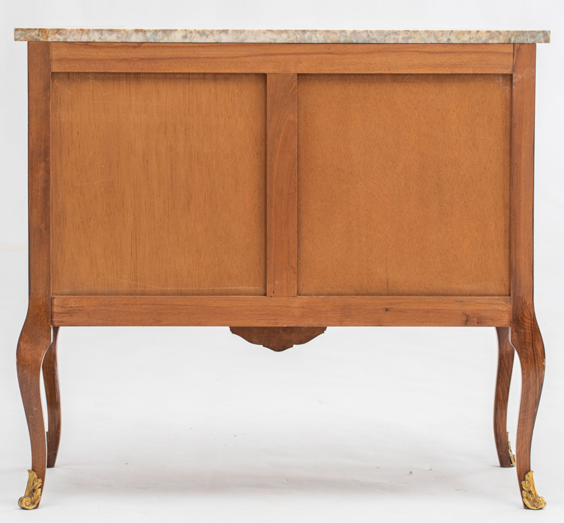 A walnut veneered French Transition style commode, with floral marquetry of cherrywood and mahogany, - Bild 4 aus 6