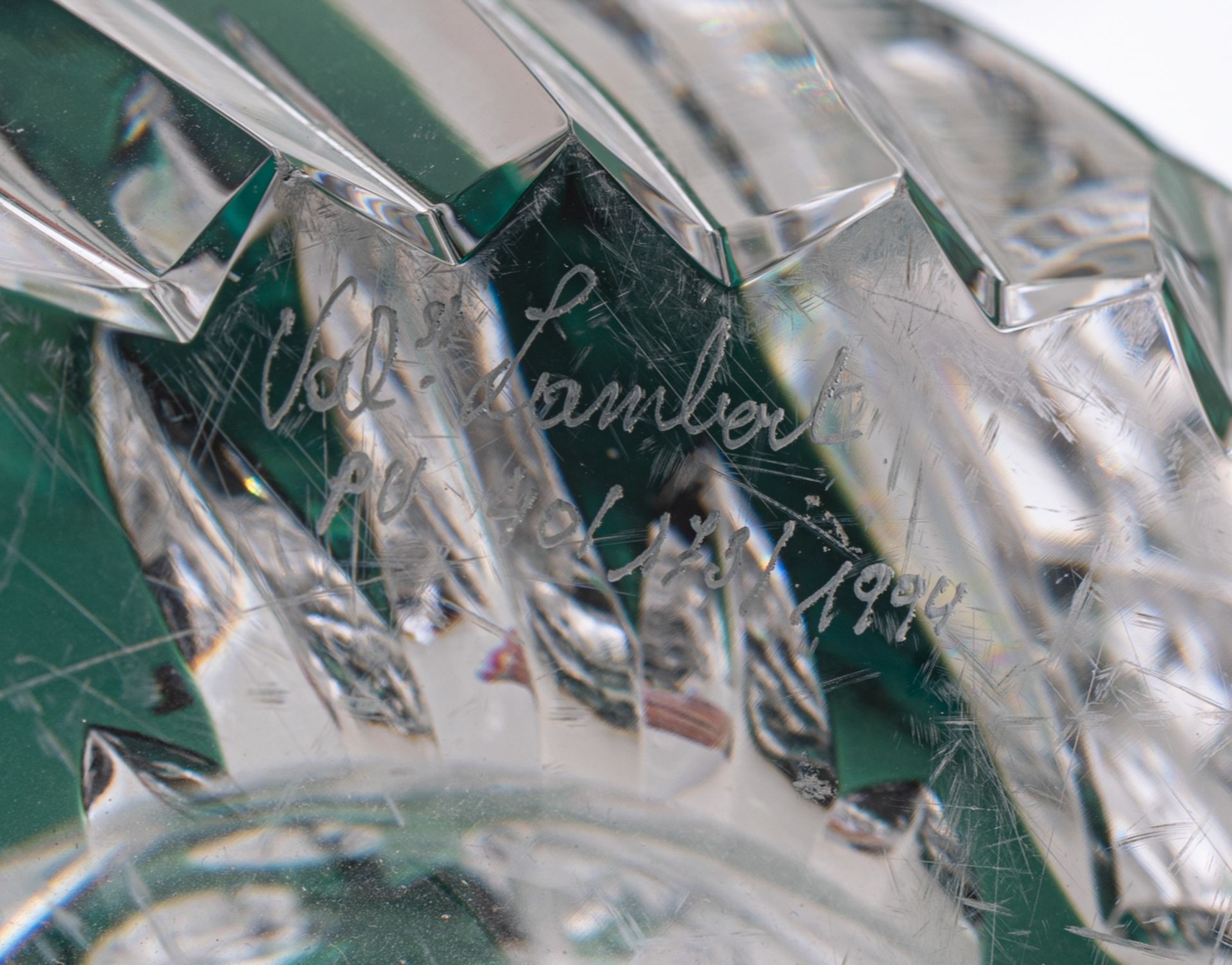 Two crystal cut green overlay Val-Saint-Lambert vases, one dedicated 'In Honour of the 25th annivers - Image 15 of 15