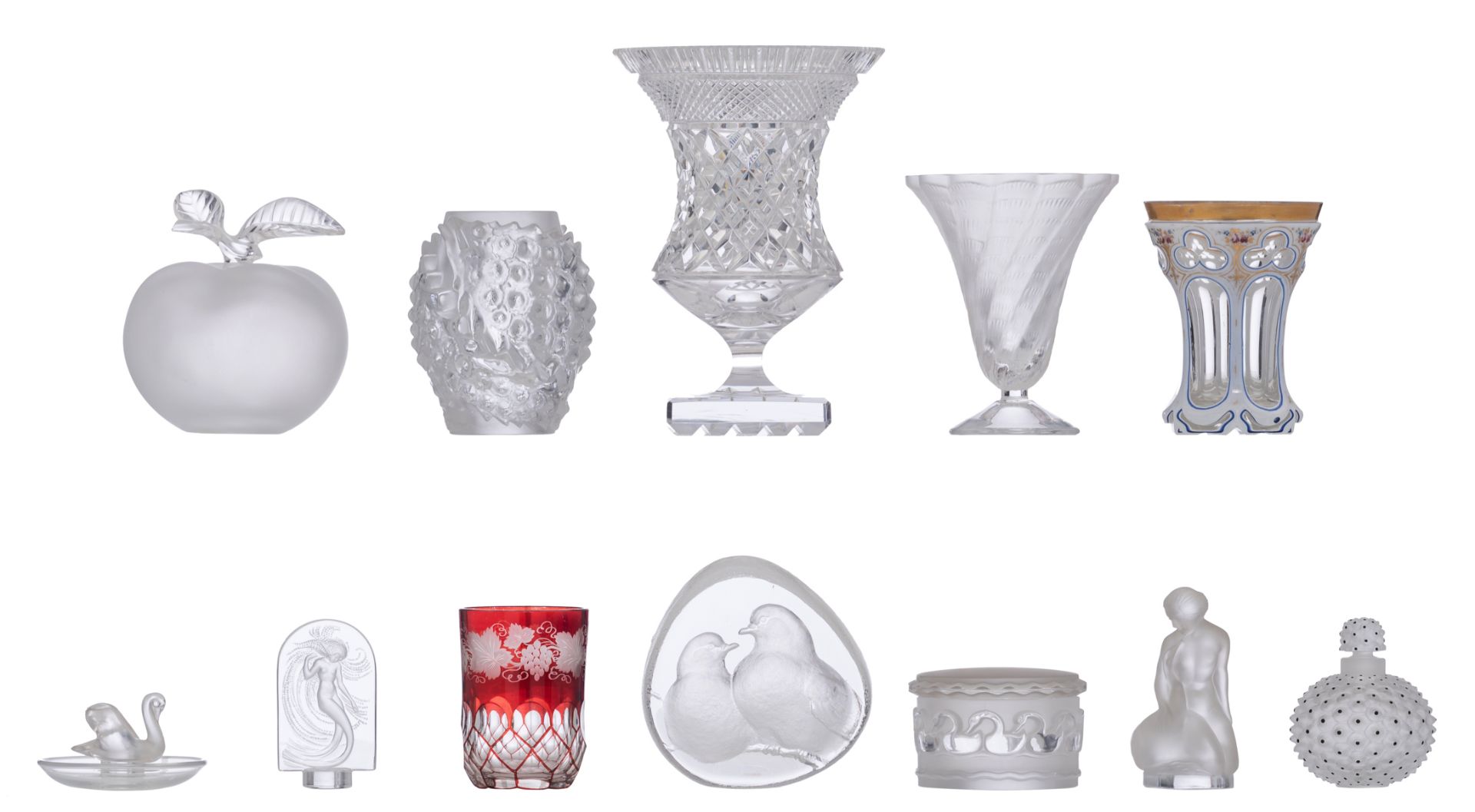A collection of Lalique glassware, consisting of a 'Cactus' flask, a 'Naraïde' sculpture, 'Leda and