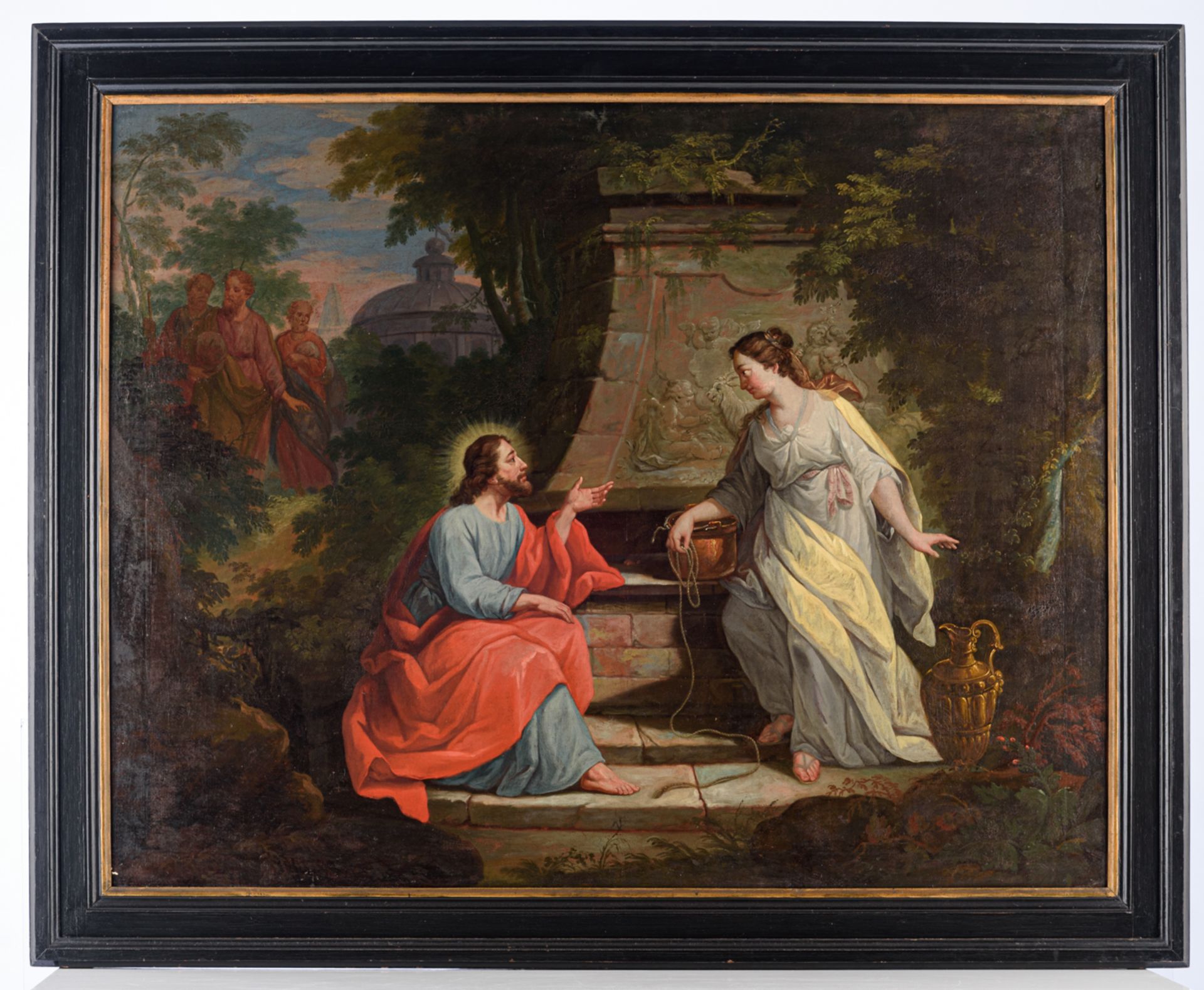 No visible signature, Christ and the Samaritan woman at the well, oil on canvas, Flemish, 17thC, for - Image 2 of 3