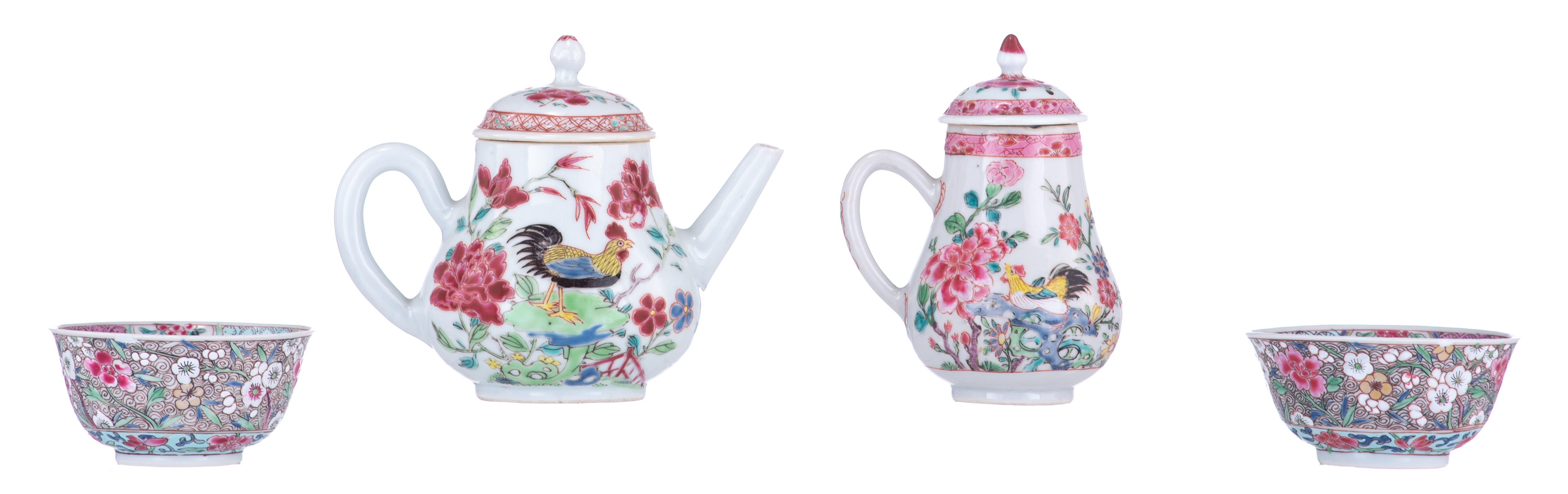 A Chinese famille rose export porcelain 'cockerel' teapot and sugar caster; added two ditto cups and - Image 4 of 7