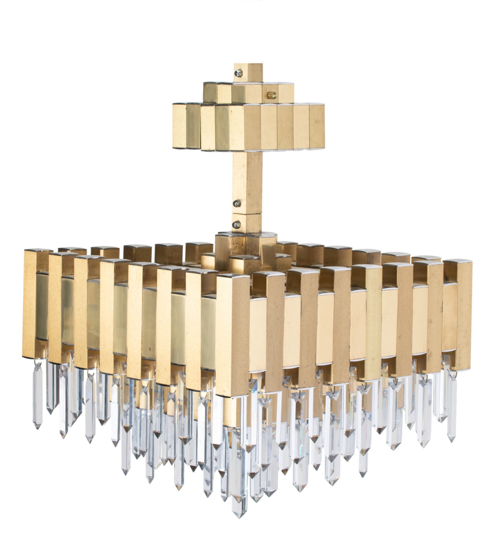 A design polished brass and cut glass cubes chandelier, H 65 - W 45 cm