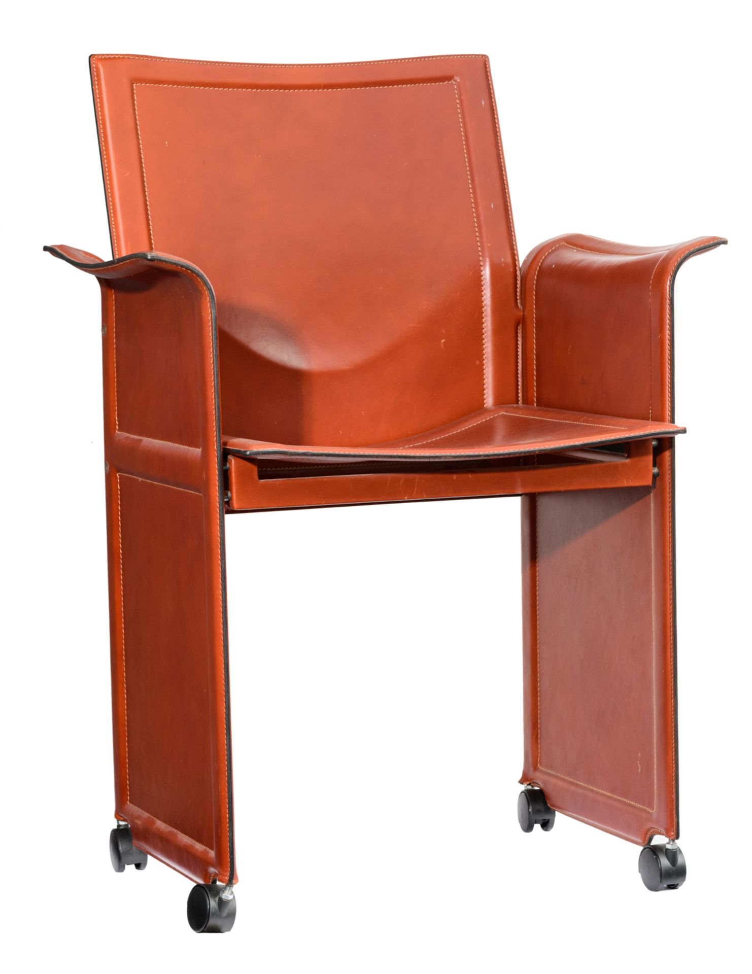 A '70s design cognac leather Corium armchair, design by Tito Agnoli for Matteo Grassi, H 90 - W 63 -