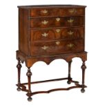 A very fine walnut veneered William & Mary cabinet on stand, with brass handles and escutcheons, lat