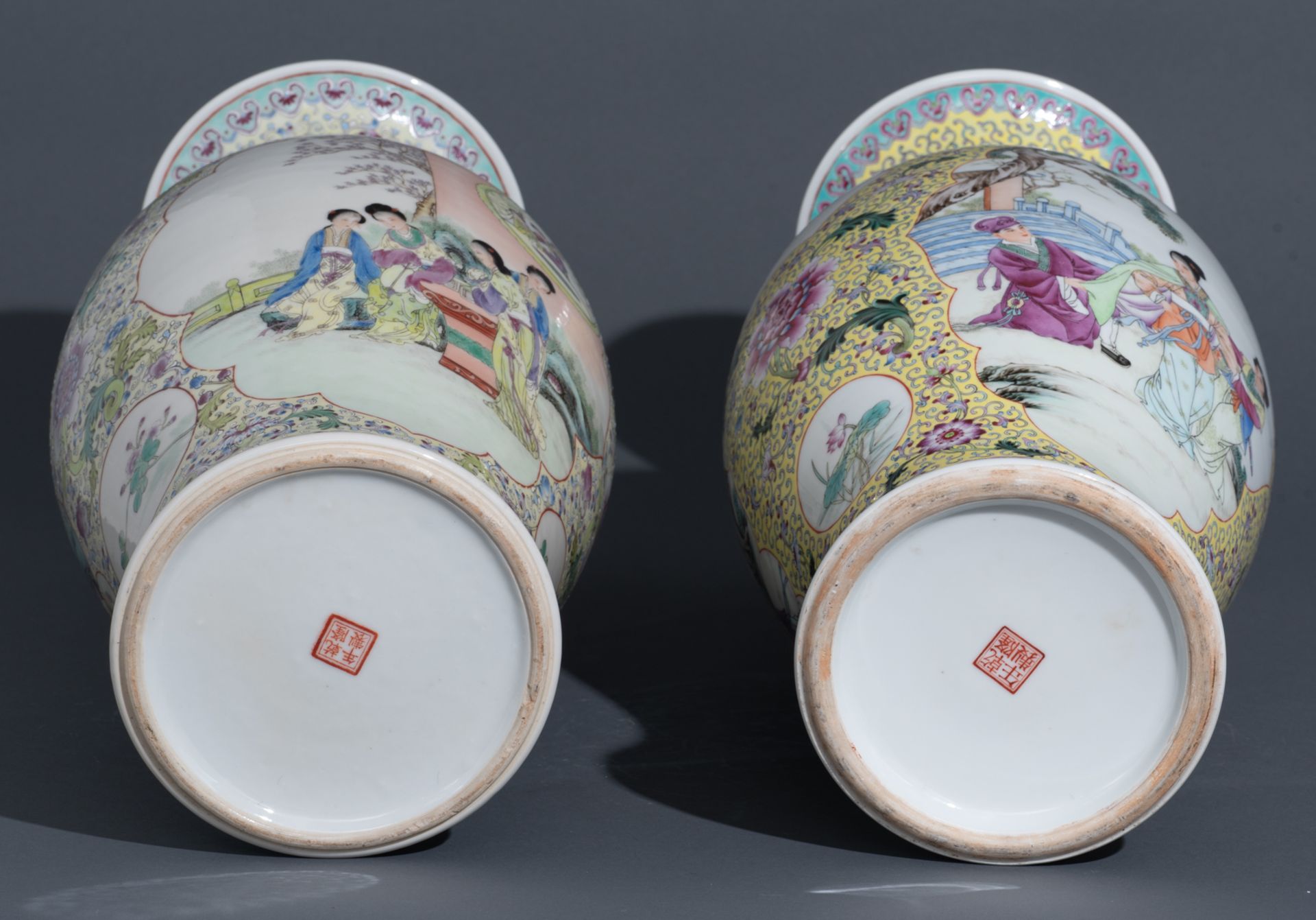 A Chinese Republic period yellow ground famille rose floral decorated vase, the panels with animated - Image 8 of 10