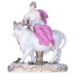 A Meissen porcelain group depicting the abduction of Europa by Zeus guised as a bull, blue underglaz