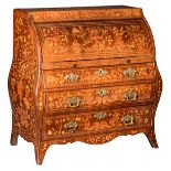 A fine Dutch roll-top desk, marquetry veneered with birds and flower baskets, the second half of the