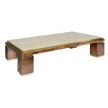 A vintage polished brass coffee table with a travertine tabletop, in the manner of Belgo Chrom, H 32