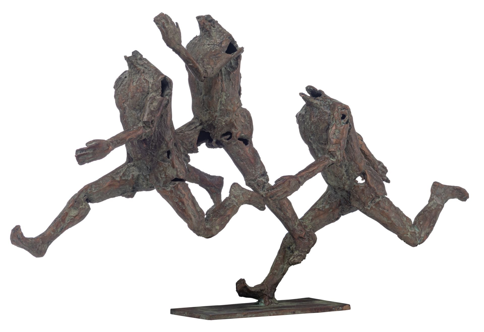 Desmaret J., three runners, N° 4/8, green and brown patinated bronze, H 45 - W 75,5 cm Is possibly s