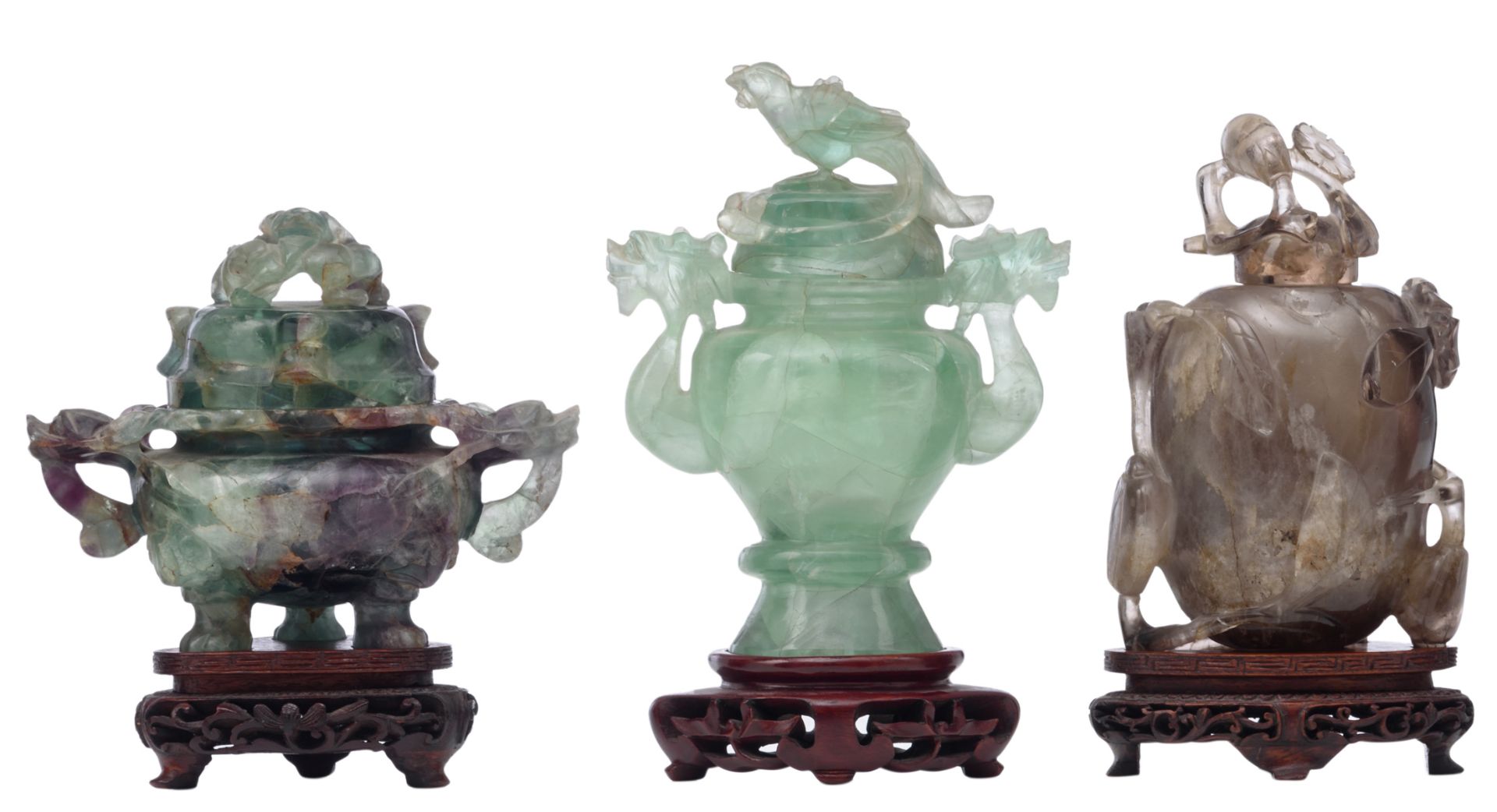 Three Chinese carved green jade vases and covers, Qing dynasty; added a Chinese carved smoky quartz - Image 9 of 14