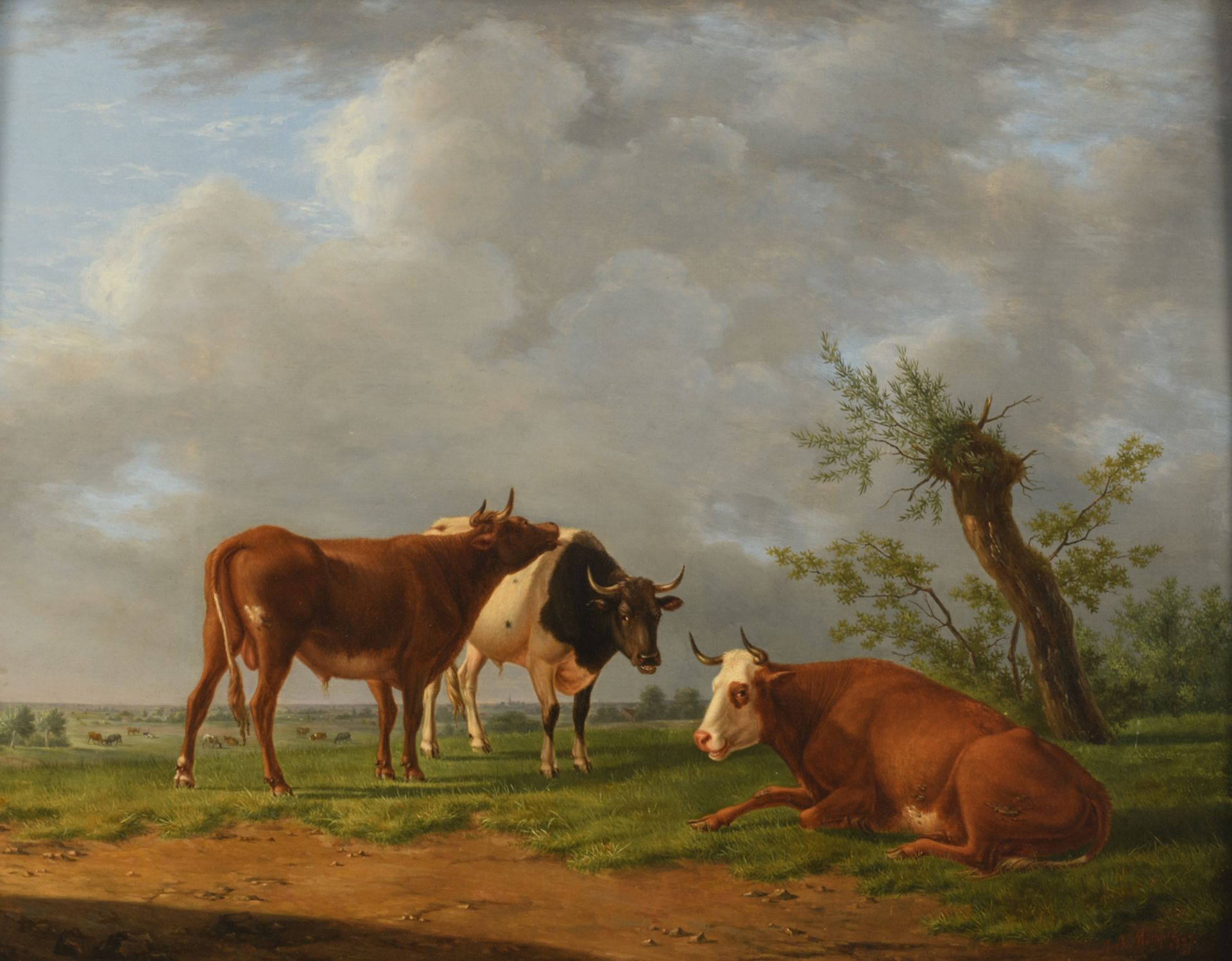 Mouqué A.B., resting cows, dated 1827, oil on panel, 43,5 x 55 cm