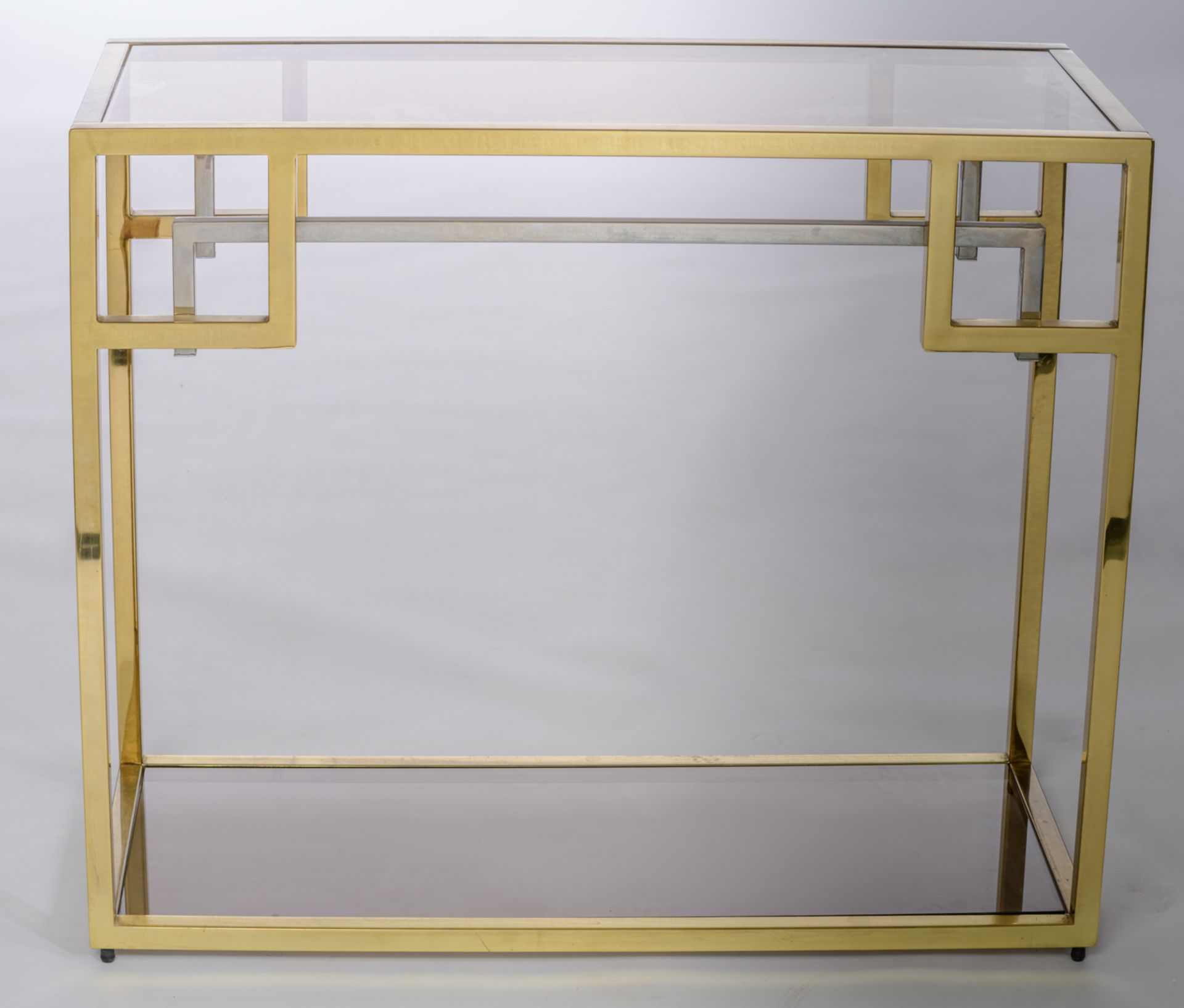 A vintage polished brass and glass console table, in the manner of Belgo Chrom, H 82 - W 96 - D 40 c - Bild 10 aus 14