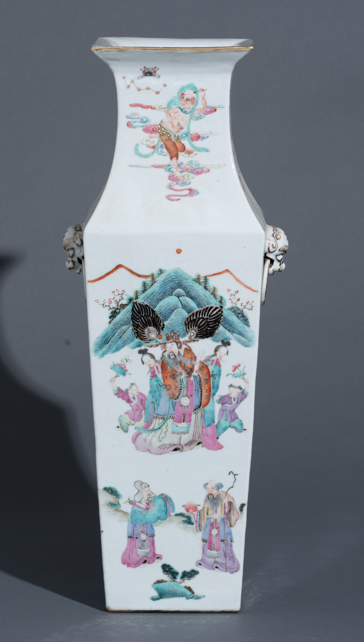 A Chinese famille rose fanghu vase, decorated with the Eight Immortals, paired with Fu-lion head han - Image 2 of 8