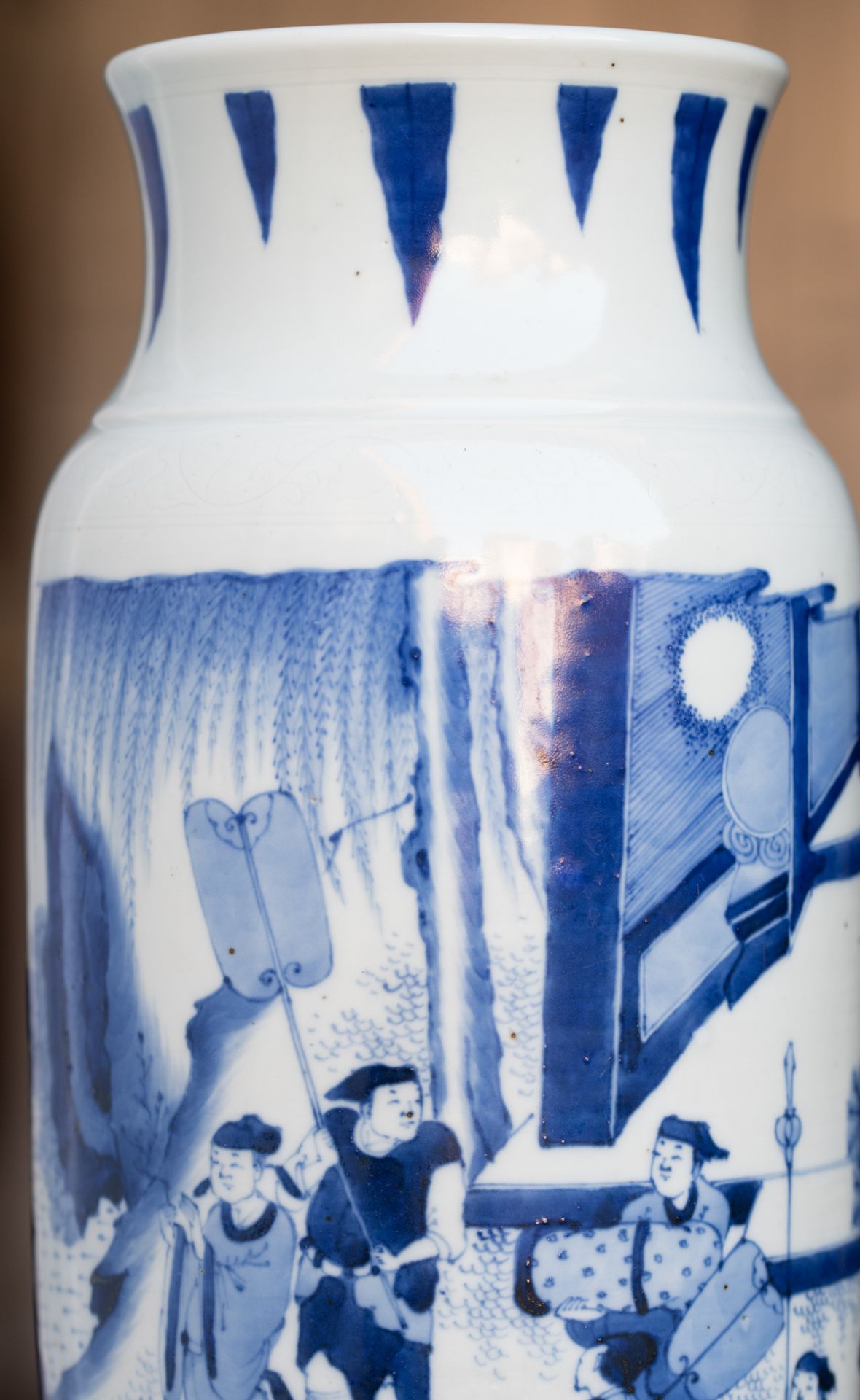 A Chinese Transitional period blue and white cylindrical vase with incised details, decorated with a - Image 17 of 22