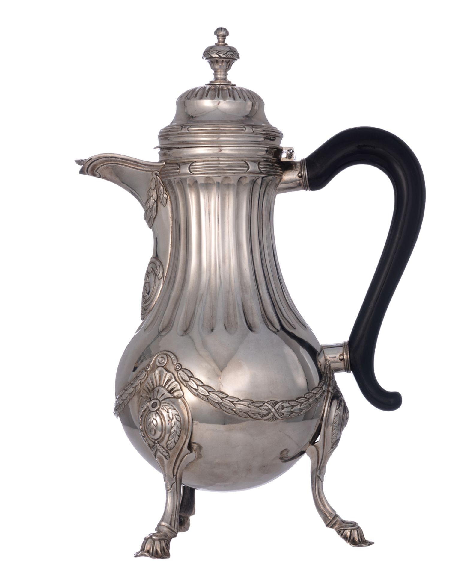 An 18thC Neoclassical silver chocolate pot, standing on three elegantly shaped feet, the grip lacque