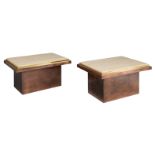 A set of two vintage polished brass occasional tables, with a travertine tabletop, in the manner of