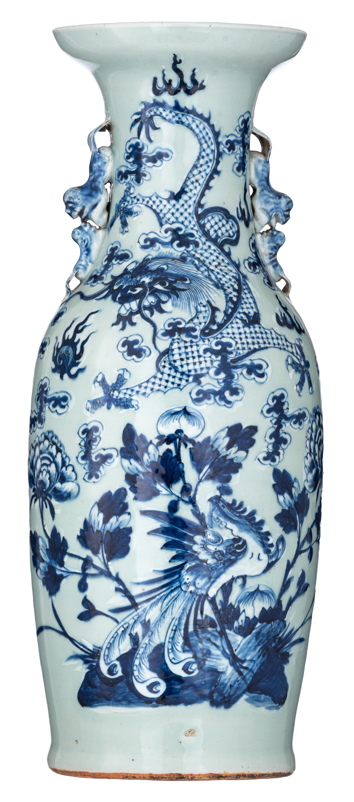 A Chinese celadon vase, blue and white decorated with a dragon and a phoenix, paired with Fu lions,