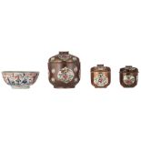 Three Chinese café au lait and famille rose ginger jars and covers, decorated with fruits and flower