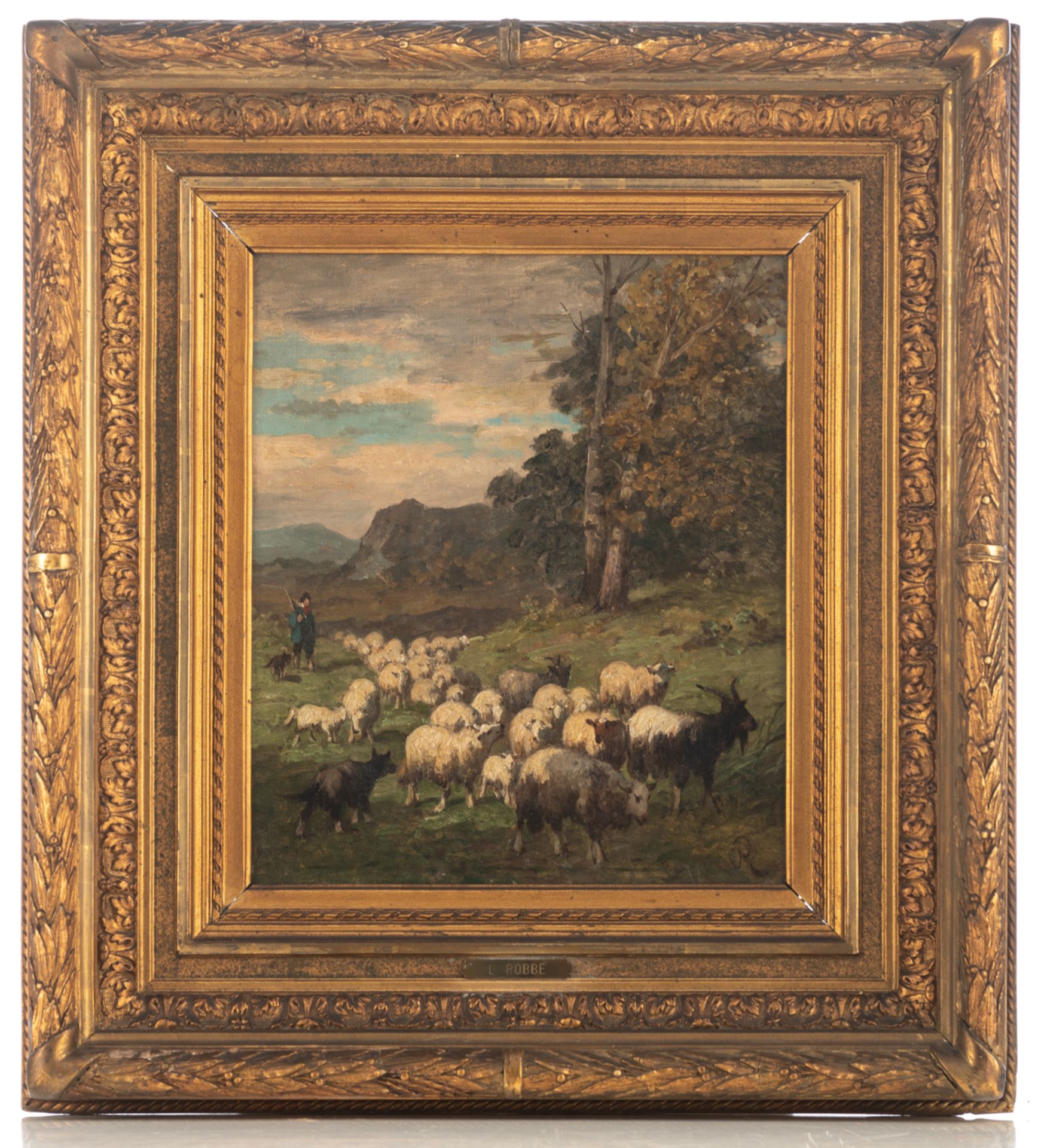 Monogrammed Louis Robbe, a shepherd and his flock of sheep, oil on canvas with a wax seal mark to th - Image 2 of 5