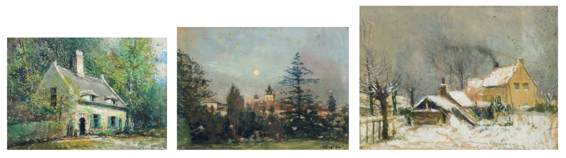 A collection of three rural landscapes by Alfred Bastien, two with a dedication and dated 1935 and 1